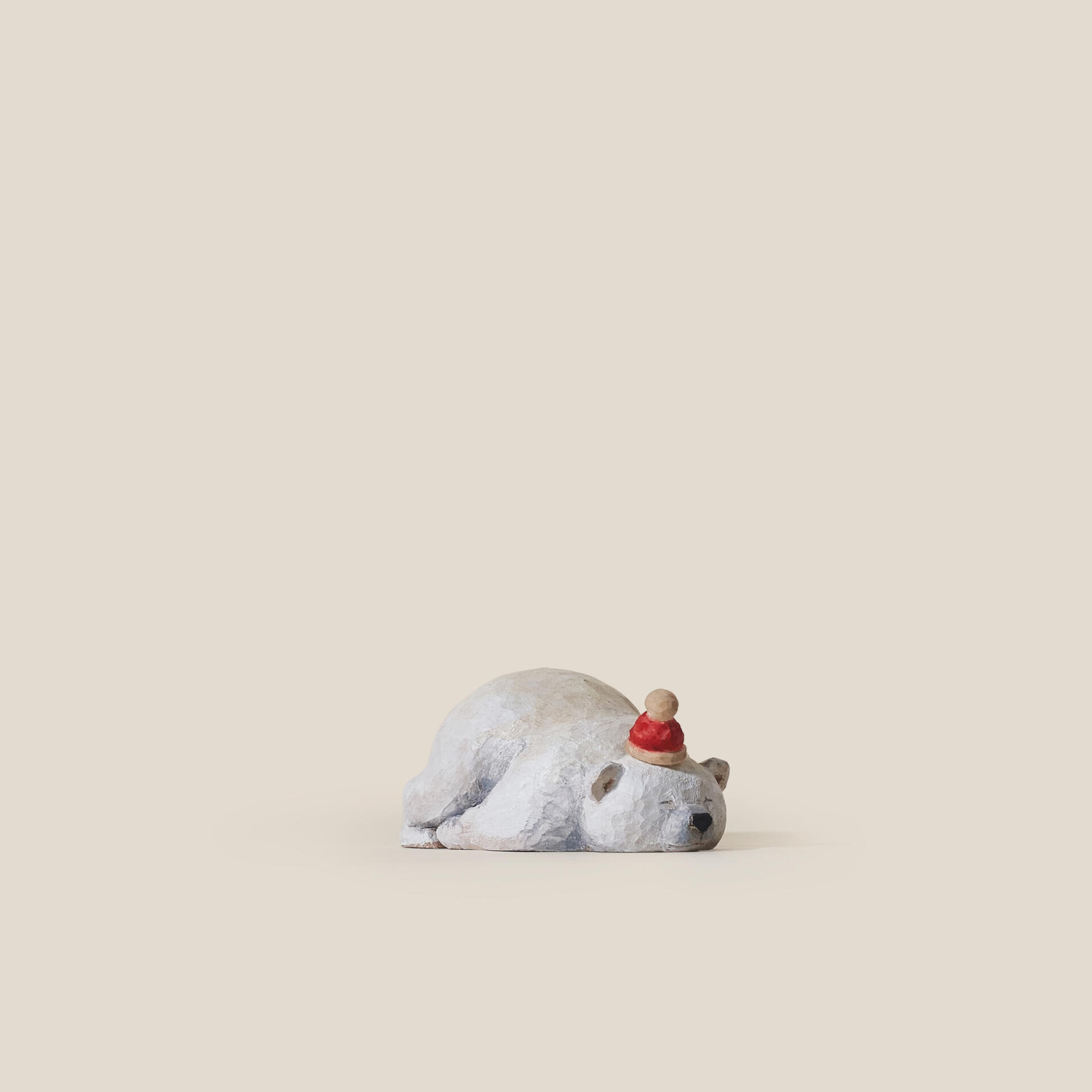 Hand Carved Wooden Polar Bear with Red Christmas Hat
